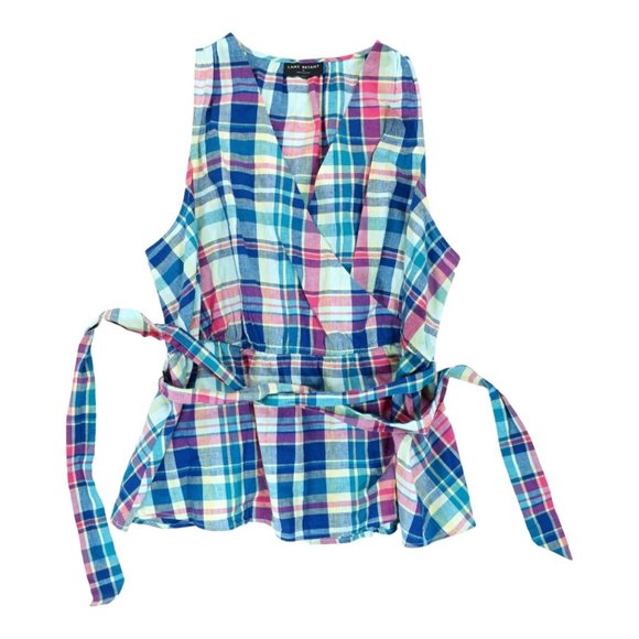 LANE BRYANT Plaid Faux Wrap Sleeveless Tie Waist Peplum Blouse Top Sz‎ 22 - Picture 1 of 5